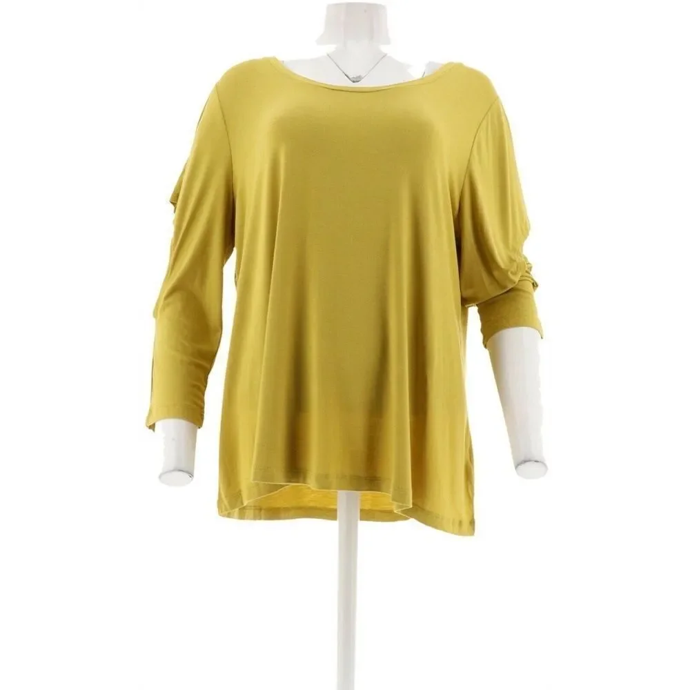 H by Halston Cut-Away Flounce Slvs Scoop Neck Knit Top